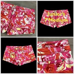 Junior's ZCO Jeans 7 Medium Shorts Shortie Chino Khakis Red Pink Floral Stretch